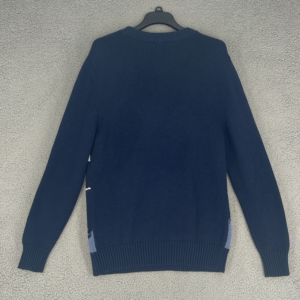 Express blue crew neck long sleeve tree’s scene sweater mens medium pullover - Picture 11 of 13